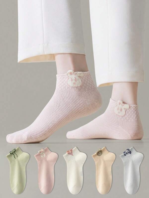 ZUJO 5 Pairs Women's Short Socks, Patterns: Heart, Bow, Bear, Rabbit, Panda, Suitable For All Seasons, Comfortable And Minimalist, Random Color Shipment