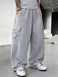 Autumn/Winter Men's Thermal Lined Wide Leg Cargo Sweatpants, Multi-Pocket Commuter Versatile Solid Color Sports Casual Long Pants - Grey - View 1