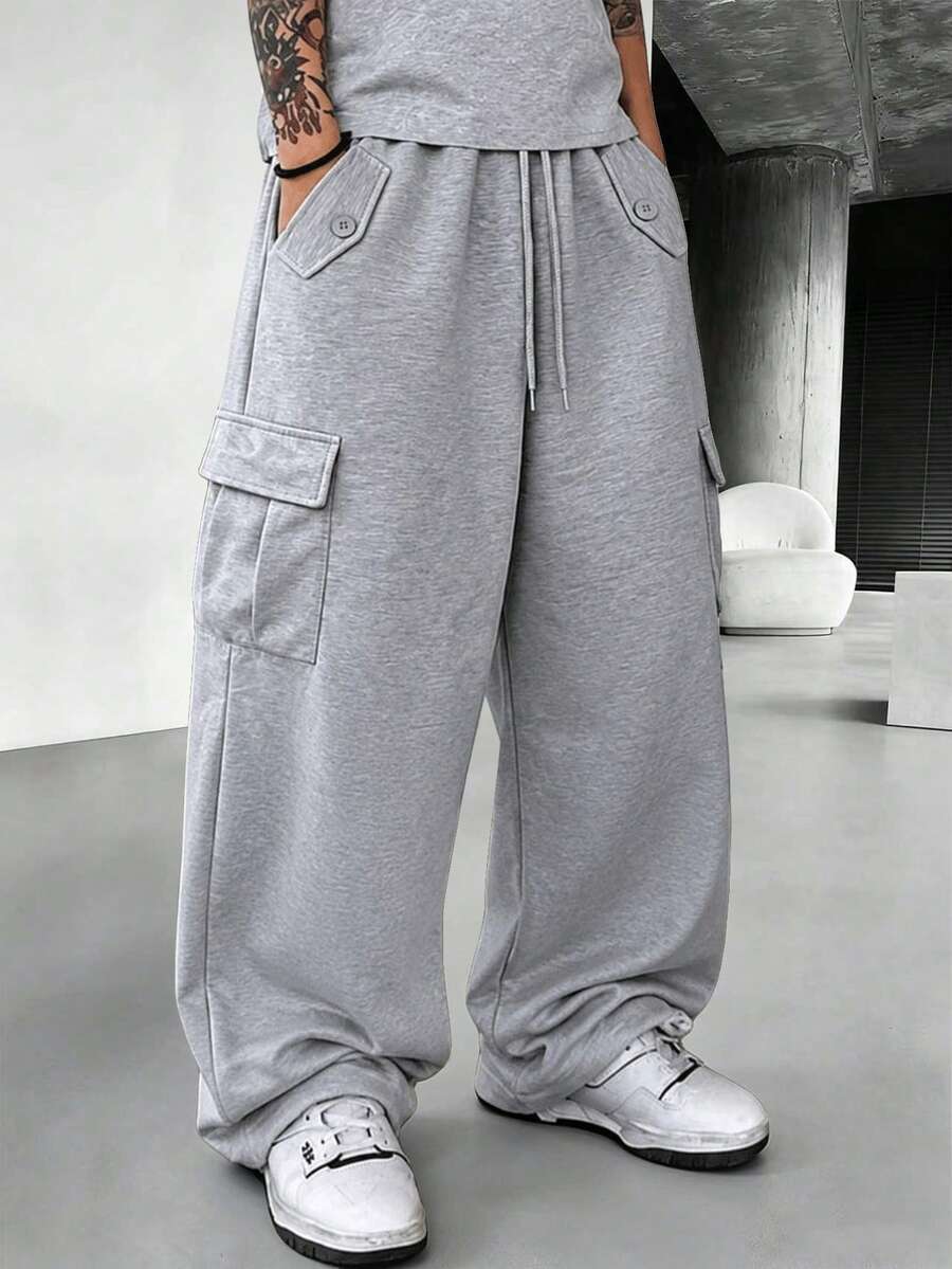 Autumn/Winter Men's Thermal Lined Wide Leg Cargo Sweatpants, Multi-Pocket Commuter Versatile Solid Color Sports Casual Long Pants - Grey - View 1