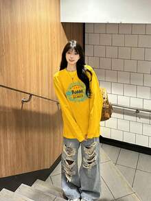 Women's American Style Letter Print Long Sleeve T-Shirt, Autumn New Loose Fit Versatile Slouchy Base Layer Top - Yellow - View 2