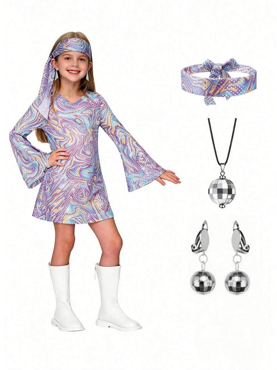 Tween Girl 70s Disco Party Dress Costume For Dance Party, Birthday Party, Children's Day, Halloween - Multicolor - View 1