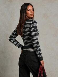 Women's Autumn/Winter New V-Neck Blue & Dark Gray Striped Colorblock Short Cropped Long Sleeve Sweater, Y2K Retro Girly Style Fall - Multicolor - View 5