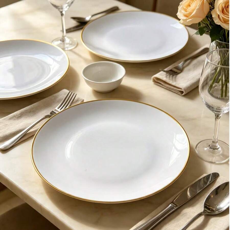Premium Gold-Rimmed Solid Color Round Plate, Exquisite Minimalist Beveled Design, Suitable For Home Dinner, Afternoon Tea, Dessert And Snack Display, Restaurant Cold Appetizer Decoration, Easily Create Elegant Atmosphere Dining Table - Multicolor - View 1