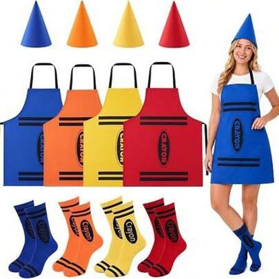 3pcs/1set Apron + Hat + Socks Three Pieces Set Adult Colorful Crayon Apron Costume Outfit With Cone Hat - Halloween Party, Role Play, Teacher Costume And Group Theme Creative Colorful Outfit - Durable Fabric, Adjustable Size, Fun Gift For Friends, Men And Women Party Costumes