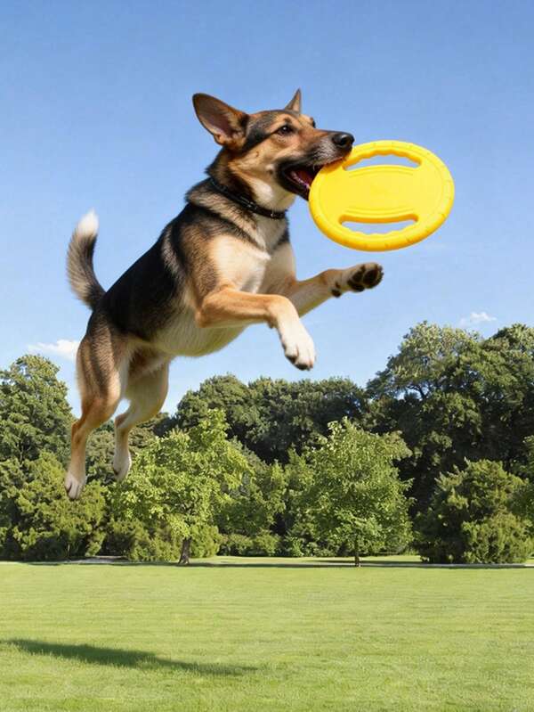 1 pieza Disco de juego para mascotas de EVA suave con doble asa recortada, juguete de entrenamiento interactivo a prueba de mordeduras y antideslizante, suministros portátiles para juegos de lanzamiento al aire libre para perros medianos y grandes