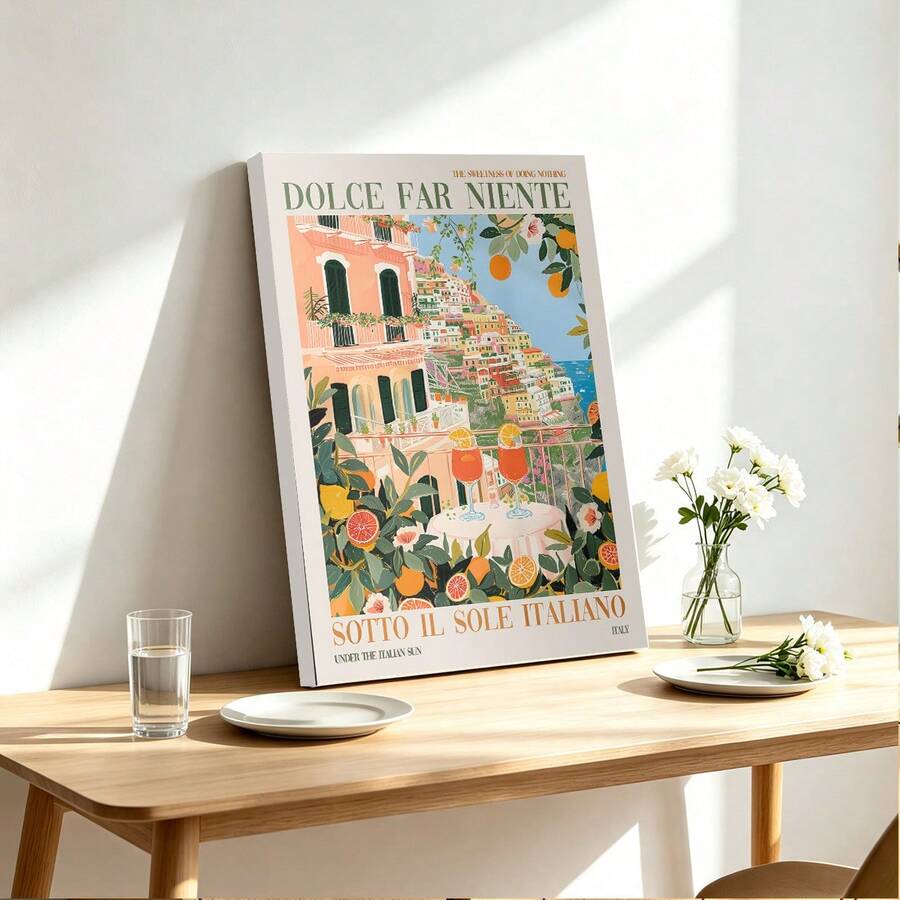 1幅“Dolce Far Niente”（意为“无所事事的甜蜜”）彩色油画艺术品，意大利斯普利茨艺术，波西塔诺艺术，阿马尔菲海岸，家居装饰礼品，墙面艺术，墙面装饰海报，墙面帆布装饰，走廊、卧室和客厅的理想礼物，生日和毕业礼物 - 彩色 - 查看 1