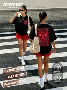 Plus Size Women's Casual T-Shirt, Heart Pattern T-Shirt, Suitable As Gift For Friends And Family Black Summer - Black - View 1