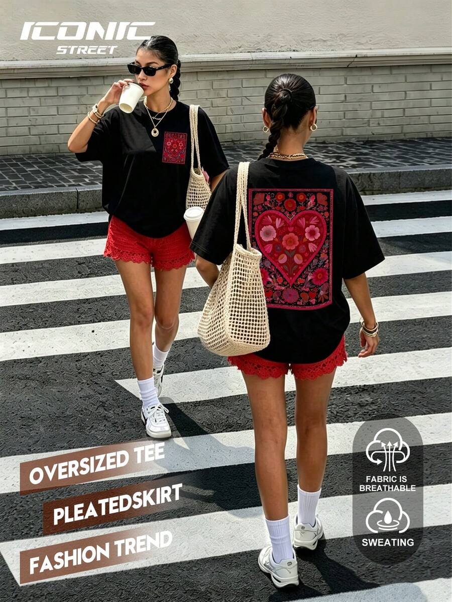 Plus Size Women's Casual T-Shirt, Heart Pattern T-Shirt, Suitable As Gift For Friends And Family Black Summer - Black - View 1