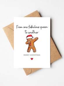 1pc Sassy Gingerbread Man Christmas Card With Envelope, Printed Dabbing Gingerbread Santa Hat Art, "From One Fabulous Queen To Another", For Besties & Best Friends, Secret Santa Holiday Gift Exchange, Blank Inside - A - View 9