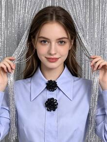 1pc/2pcs Handmade Seed Bead Flower Shirt Button Cover, Clip-On Button Cover, Fashion Crystal Cufflink Cover - Black - View 2
