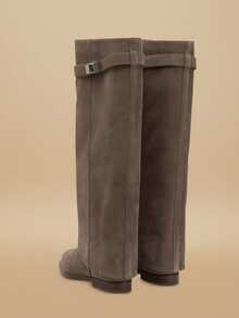 2026 New Women's Pointed Toe Wide Shaft Straight Leg Mid-Calf Boots With Metal Buckle, Plus Size Chunky Heel Trouser Boots - Khaki - View 3