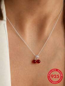 1pc S925 Sterling Silver Gentle Cute Mori Style Fresh Cherry Pendant Necklace, Unique Design Lively Playful Clavicle Chain, Niche Sweet Romantic Atmosphere Light Luxury Versatile Casual Party Neck Accessory For Women - Cherry - View 4