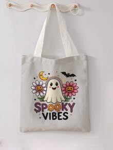 1 buah Tas Tote Kanvas Motif Hantu Kartun Halloween, Tas Bahu Genggam Kapasitas Besar, Tas Belanja yang Dapat Digunakan Kembali untuk Pesta Halloween, Membawa Buku Sehari-hari - MultiWarna - View 8