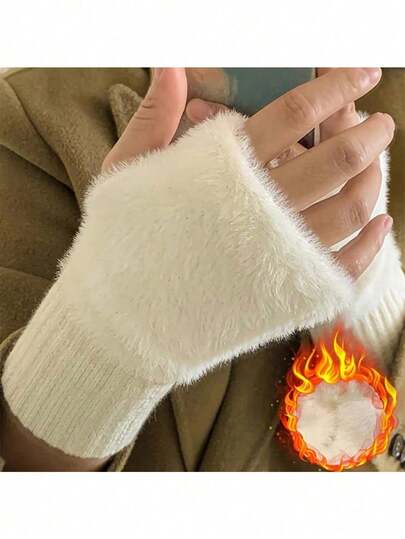 1PC Fingerless Fluffy Knit Gloves For Women, Soft Fuzzy Half Finger Mittens For Typing Phone Use, Cute Autumn Winter Accessory For Daily Outfits
