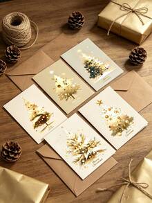 6 Sets Christmas Card Set With Envelopes - Gold Christmas Tree Design - Suitable For Parties, Holiday Greetings, Gifts, Birthdays And Creative Card Making - Multicolor - View 2