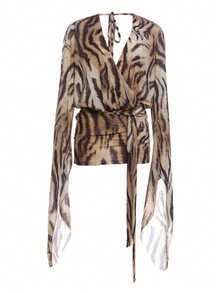 Kliou Beach Vacation Zebra Print Dress Wome Tassel Bandage Backless Cross Deep V-Neck Flare Sleeve Loose Wild Sexy Midnight Mini Bodycon - Khaki - View 13