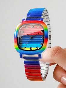 Women's Square Rainbow Gradient Quartz Watch, Elastic Expandable Band Rainbow Gradient Digital Dial Niche Design Wristwatch, Exquisite Gift For Girlfriend (1pc/Set) Watch Box Not Included - Multicolor - View 4