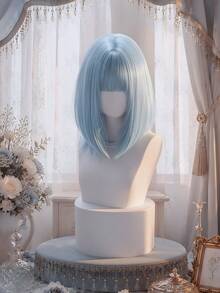 alicegarden 16-Inch Long Synthetic Wig Featuring A Natural Straight Style A Stunning Dusty Blue. Designed With Bangs , This False Hairpiece Is Perfect For Ms Daily Party Cosplay Use, Offering A Natural And Natural Durable Wig Gift For Ladies., Halloween - Dusty Blue - View 5