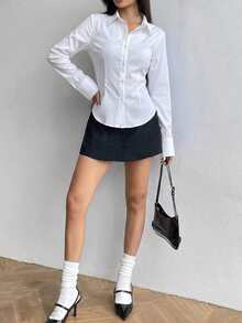 Kemeja Wanita Model Terbaru Musim Panas Lengan Panjang Slim Fit Kancing Depan dengan Kerah, Gaya Olahraga - Putih - View 6