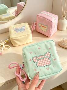 1pc/3pcs Embroidered Mini Square Pouch With Wrist Rope, Zipper Fabric Makeup Bag, Sweet Plaid Pattern, Lightweight Portable Storage Purse, Compact Handheld Pouch For Lipstick, Sanitary Pads, Daily Travel Use - Multicolor - View 2