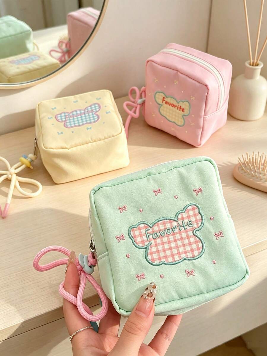1pc/3pcs Embroidered Mini Square Pouch With Wrist Rope, Zipper Fabric Makeup Bag, Sweet Plaid Pattern, Lightweight Portable Storage Purse, Compact Handheld Pouch For Lipstick, Sanitary Pads, Daily Travel Use