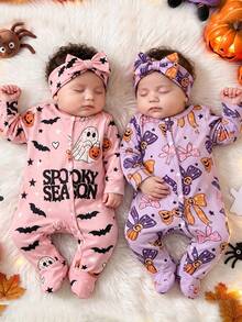 Autumn And Winter Newborn Bow Pumpkin, Skull, Spider Web Printed Long Sleeved Jumpsuit Pajamas Set, Soft And Comfortable Fabric, Halloween Home Style - Multicolor - View 1