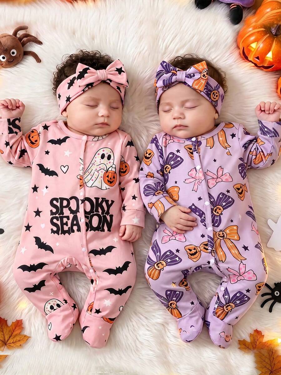 Autumn And Winter Newborn Bow Pumpkin, Skull, Spider Web Printed Long Sleeved Jumpsuit Pajamas Set, Soft And Comfortable Fabric, Halloween Home Style - Multicolor - View 1