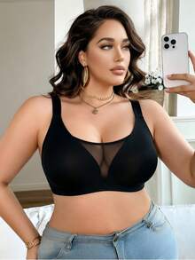 Sömlös svart bh för kvinnor i plus size med djup V-ringning, låg urringning, transparent meshlapp, breda justerbara axelband och full kupstöd - Svart - Visa 4