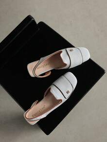 French Vintage Square Toe Slingback Flat Sandals For Women, Contrast Trim Metal Buckle Loafers, Canvas & Leather Commuter Vacation Street Style Versatile Shoes - Blue-gray - View 2