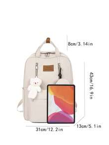 2pcs/Set Women's Nylon Fashion Backpack With Double Straps And Pendant Accessory, Sold Together - Beige - View 7