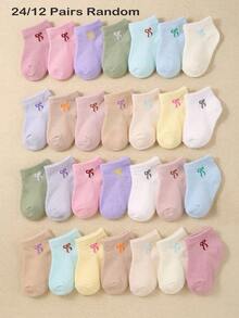 24/12 Pairs Random Toddler Ankle Socks, With Sweet Bow Pattern, Macaron Mult, Bows For Girls, Newborn Essential, Halloween Toddler Girl, Baby Shower - Multicolor - View 5
