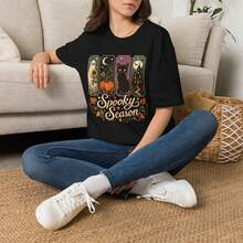Ghost Cat Pumpkin Haunted House Halloween Shirt, Vintage Fall Graphic Tee - 樣式1 - 查看 5