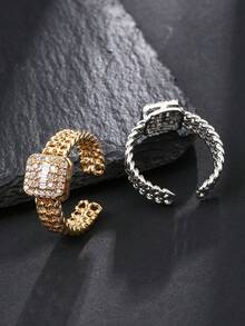 1pc Square Chain Style Women's Ring, Cubic Zirconia Inlaid, Gold And Silver Dual Color Open Adjustable Ring, Daily Wear, Gift For Girlfriend - Chain Link Rectangular Ring - View 3
