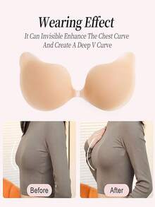 1 Pair Self-Adhesive Gathered Bra: Silicone Strapless Nipple Covers, Self-Adhesive Strapless Mango-Shaped Bra, Invisible Bra, Suitable For Wedding Dress/Evening Gown And Strapless Dress, Halloween, Christmas Matching - Apricot - View 4