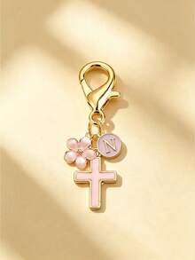 1pc New 26 English Letter Optional Enamel Drip Oil Cross & Cherry Blossom Pendant, Gold Lobster Clasp Detachable Bag Charm, Girls' Portable Key Decoration Small Gift - Pink - View 22