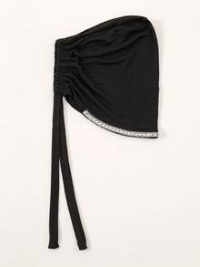 1PC Women's Fashion Solid Color Rhinestone Muslim Tie Hat, Versatile Scarf Headwrap Underscarf, Suitable For Daily Wear - 012-black - View 7