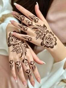 3PCS (1 Warna Cokelat + 1 Pasta Henna Merah Tua + 1 Templat Bunga) Set Kombo Krim Tato Henna untuk Seni Kuku dengan Kotak Penyimpanan, Tinta Tato Semi-Permanen Berbasis Tanaman untuk Tangan dan Tubuh - MultiWarna - View 5