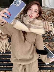 Korean Style Premium Design Loose Fit Elegant Fashion Slimming Sweater - Khaki - View 4