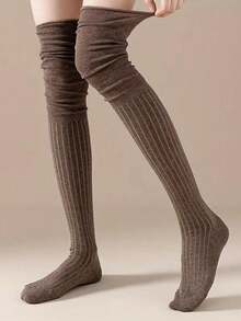 4 Pairs JK Over Knee Socks, Ribbed Polyester, Striped/Solid, Warm Winter Socks - Multicolor - View 4