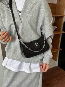 Retro Patch Chain Bag For Women, Simple Lock Clasp, Underarm Bag, Versatile Shoulder Bag, Casual, Can Be Slung, Women's Bag - Black - View 2