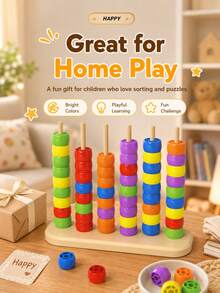 Children's Color Matching Stackable Beads Toy, Fun Rainbow Puzzle Game With Color Sorting Rings, Interactive Educational Learning Toy, Kids Birthday Gift - Multicolor - View 2