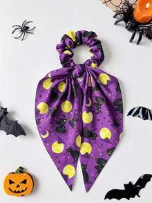 1pc Halloween Print Ribbon Bow Hair Tie, Pumpkin Spider Web Witch Pattern Hair Rope, Autumn Dark Hair Accessory, Gift For Girls - Multicolor - View 7