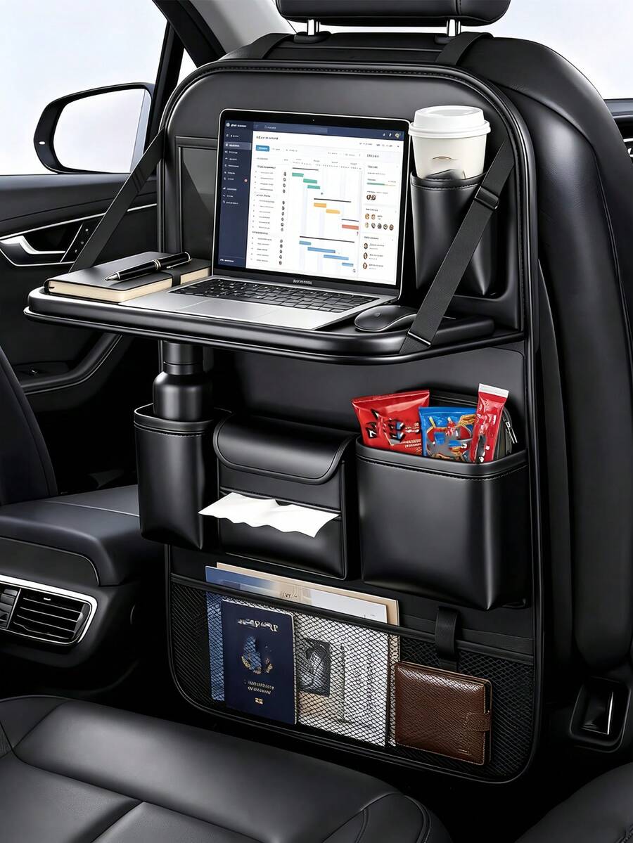 Organizer Penyimpanan Mobil dengan Meja Lipat, Tas Penyimpanan Multi-Saku Jala Dua Lapis, Tali yang Dapat Diatur dan Tempat Gelas, Menghemat Ruang dan Ideal untuk Bepergian Bersama Keluarga, Dudukan Tablet dan Buku Portabel, Aksesori Penyimpanan Mobil