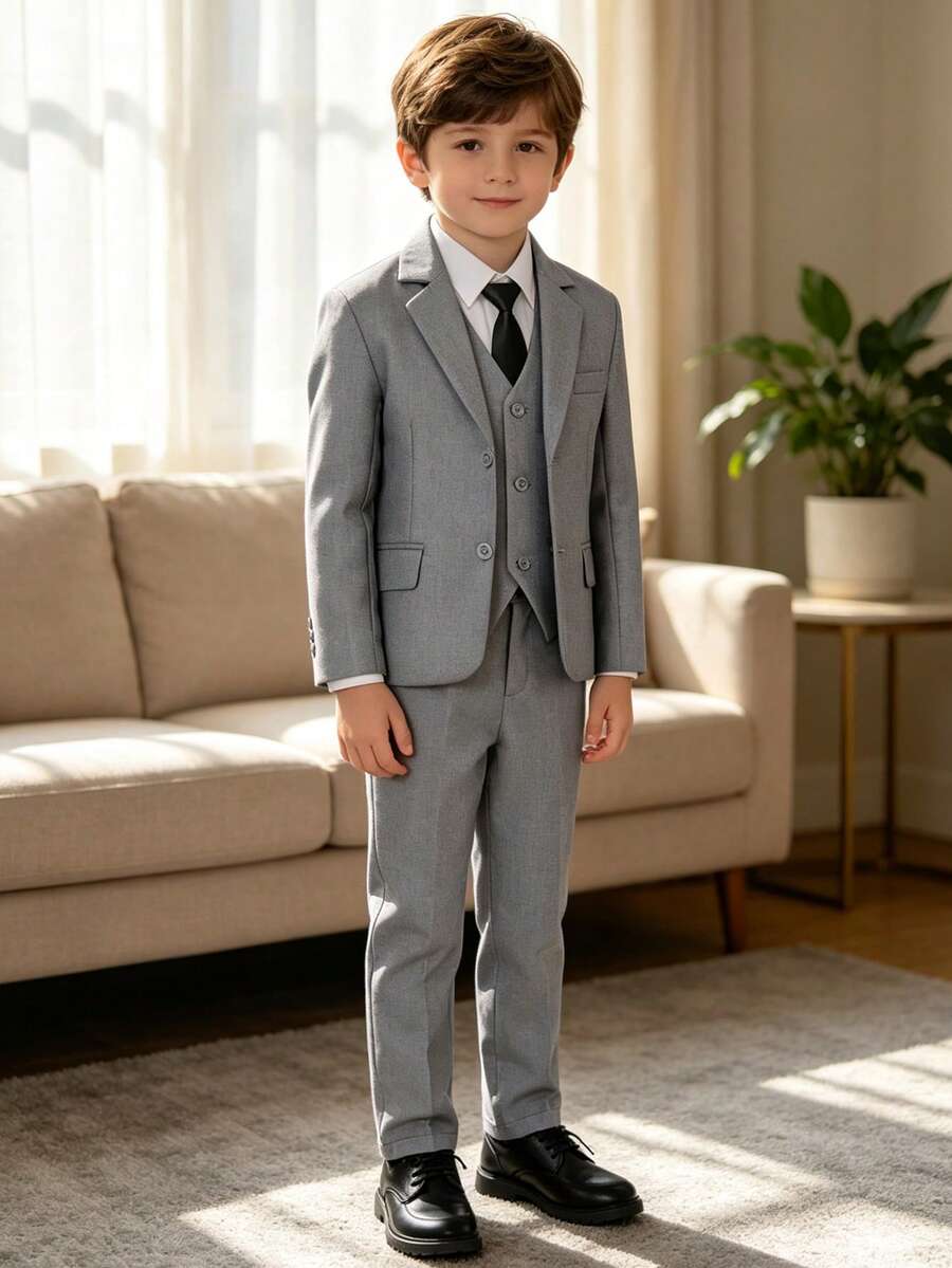 男童四件套西装,包括燕尾服、正装、花童服、婚礼西装外套、马甲、裤子和领带,浅灰色,尺码4-16岁 - 淺灰色 - 查看 1