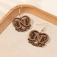 Women's Personalized Initial Wooden Earrings, Hollow Heart Daisy Flower Pattern 26 Letter Dangle Earrings - Brown - View 27