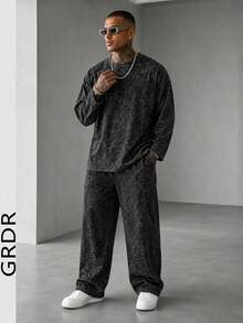 GRDR Men's Washed Crew Neck Short Sleeve T-Shirt And Drawstring Long Pants Casual Set - Black - View 1