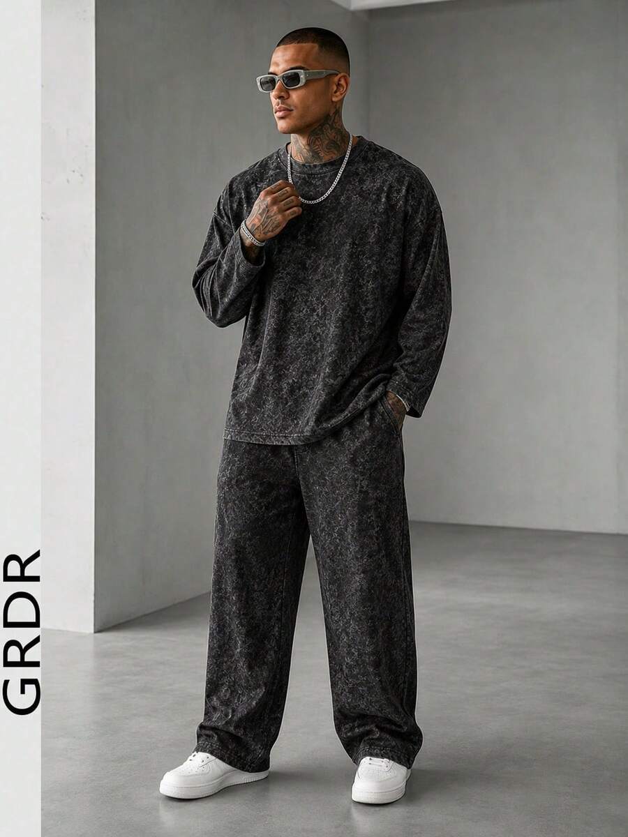 GRDR Men's Washed Crew Neck Short Sleeve T-Shirt And Drawstring Long Pants Casual Set - Black - View 1