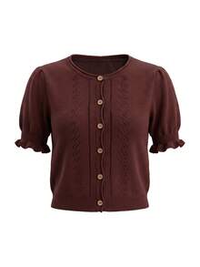 Women's Vintage Brown Short Sleeve Button Knit Cardigan Sweater, - Brown - View 8