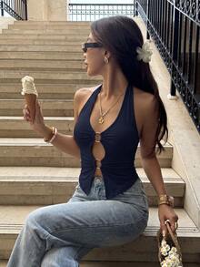 Sexy Fashion Solid Color Halter Neck Backless Ring Cutout Women's Tank Top Spring Summer New Style Casual - Navy Blue - View 1
