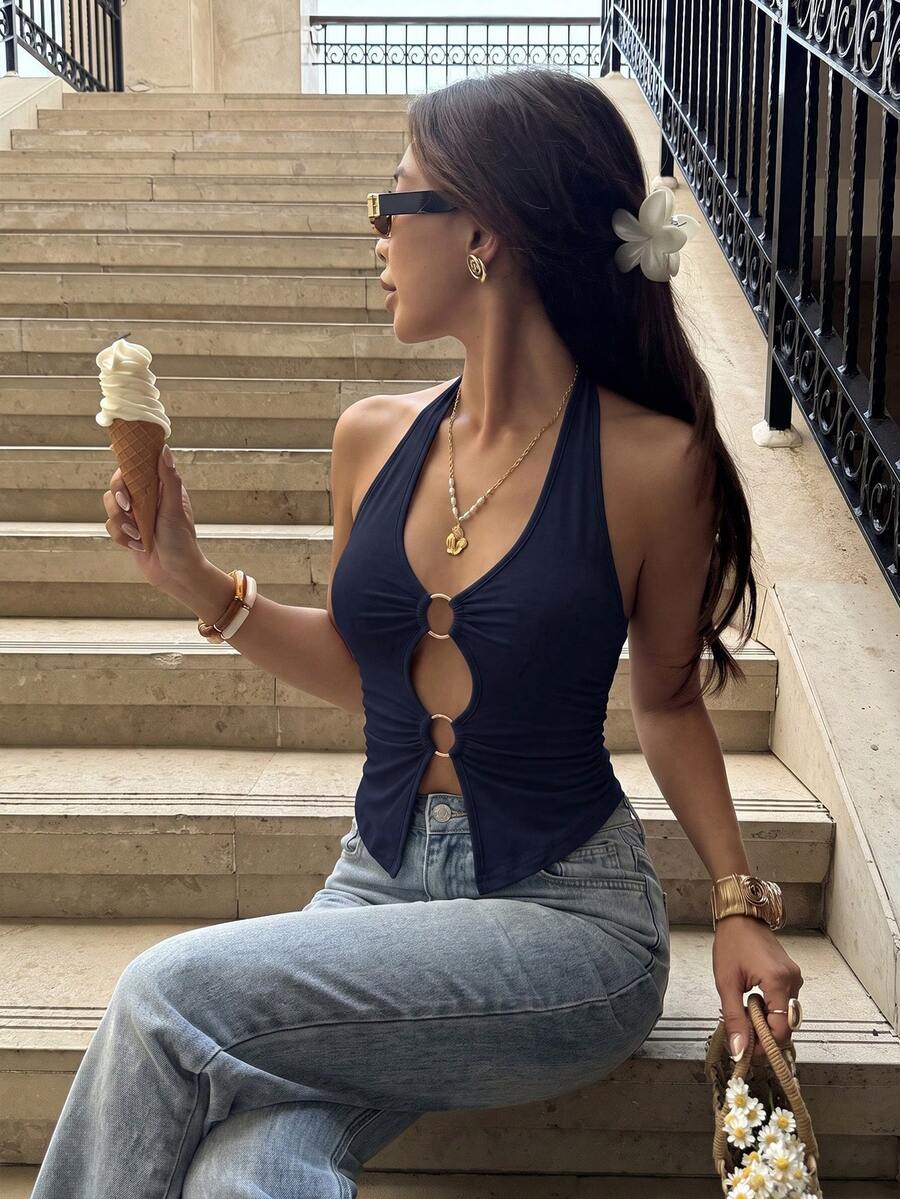 Sexy Fashion Solid Color Halter Neck Backless Ring Cutout Women's Tank Top Spring Summer New Style Casual - Navy Blue - View 1